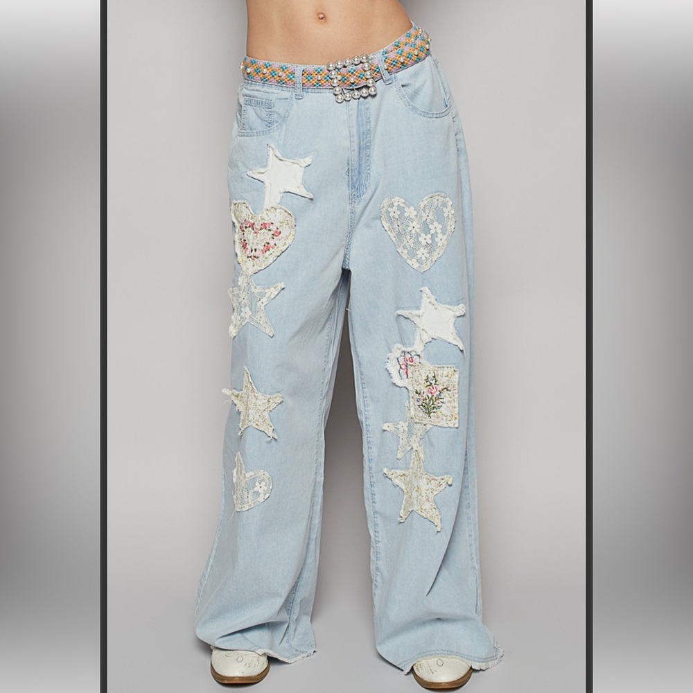 POL Light Wash Embroidered Flare Jeans with Pastel Appliqués
